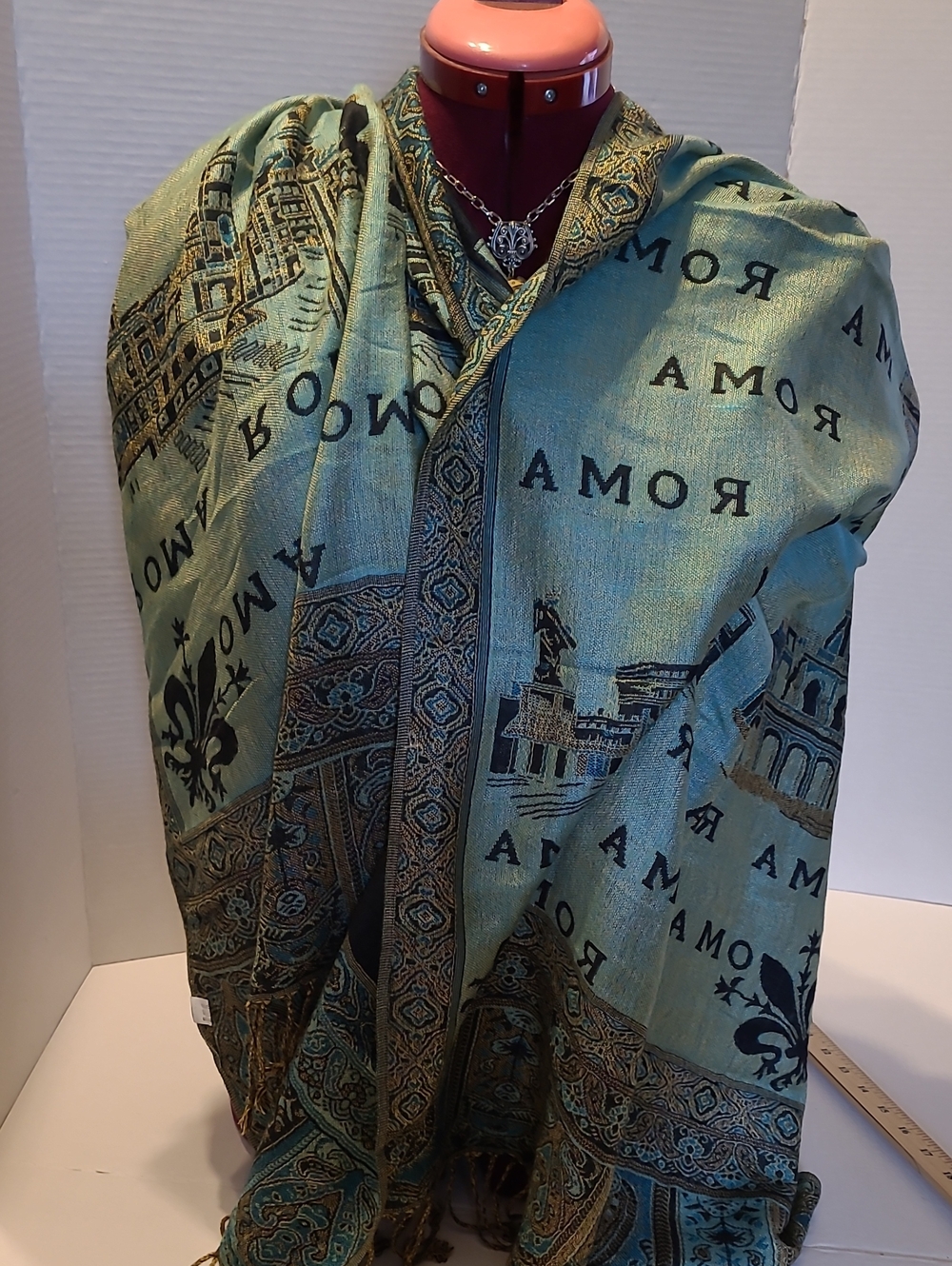 ROMA Patterned Decorative Wrap Scarf in Teal and Black
